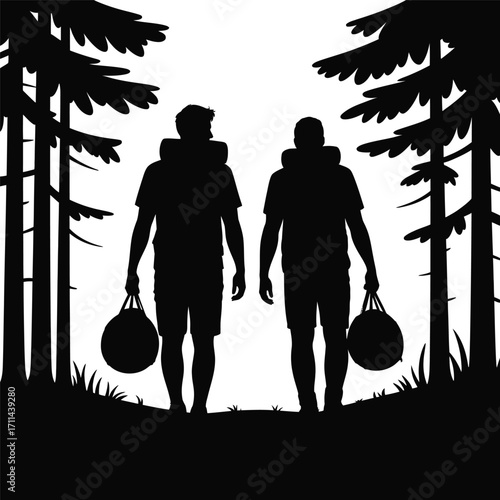Two men hiking through a forest with backpacks silhouette