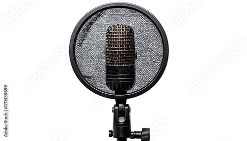 Close-up of a microphone in a pop filter
