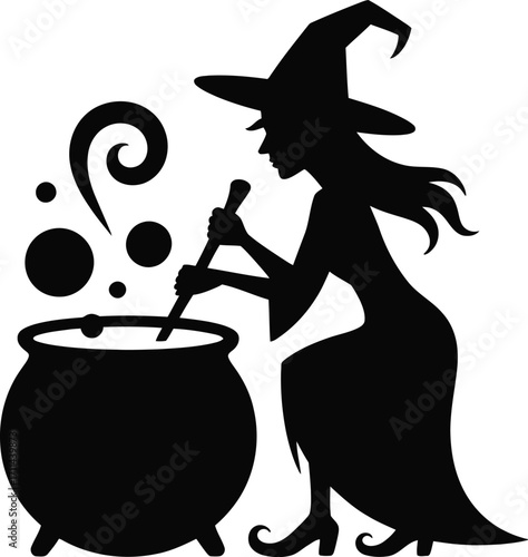 Halloween witch stirring a bubbling cauldron silhouette design