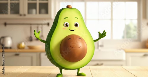 Cartoon avocado character with arms outstretched, standing on a wooden table.