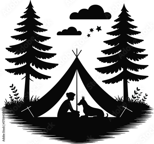 Woman and her dog enjoying time inside a tent silhouette