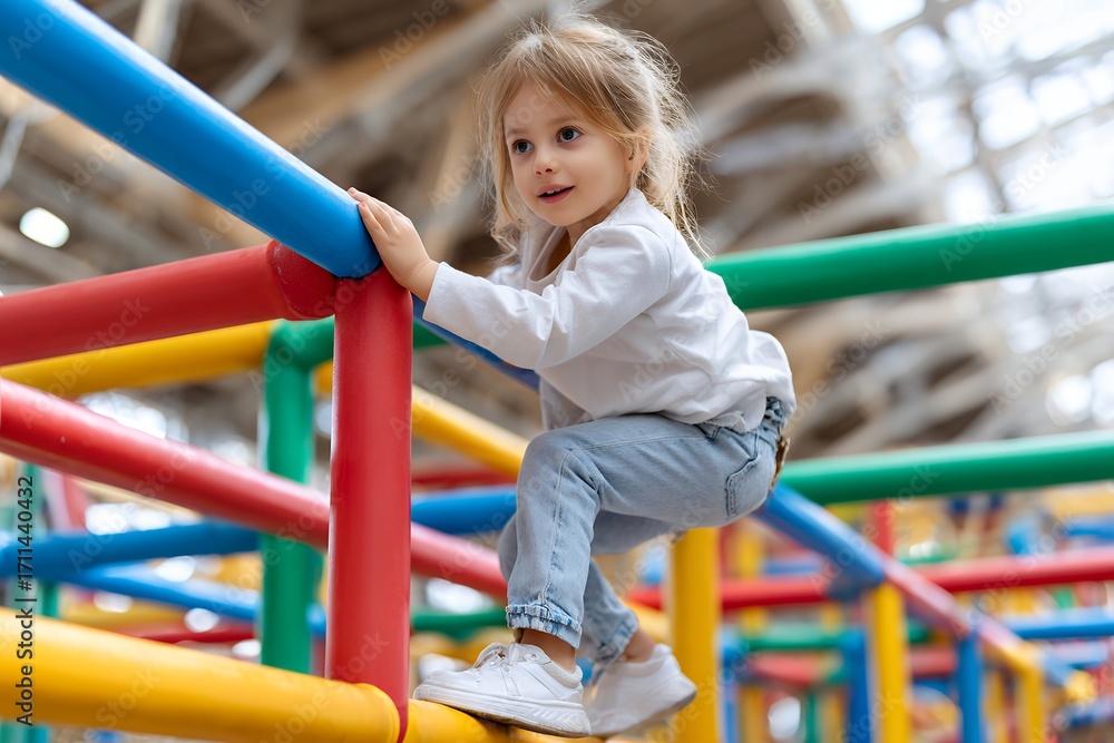 Fototapeta premium Young caucasian female child climbing colorful indoor playground equipment
