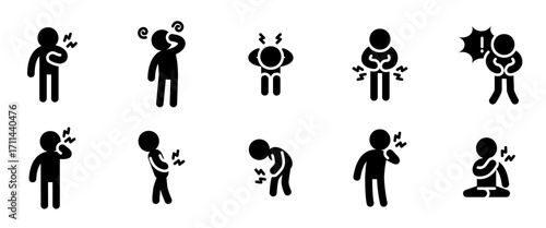 Disease and symptom icon set. Solid style. Outline vector set of headache, treatment, toothache, dizziness and more	
