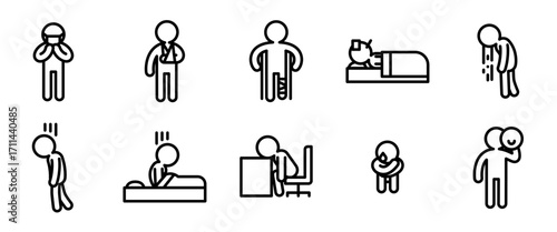 Disease and symptom icon set. Line outline style. Outline vector set of injury, health care, burnout and more 