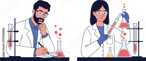 Scientists conducting chemistry experiments, researcher writing notes, lab technician analyzing liquids, scientific research, laboratory work, chemical testing, science illustration