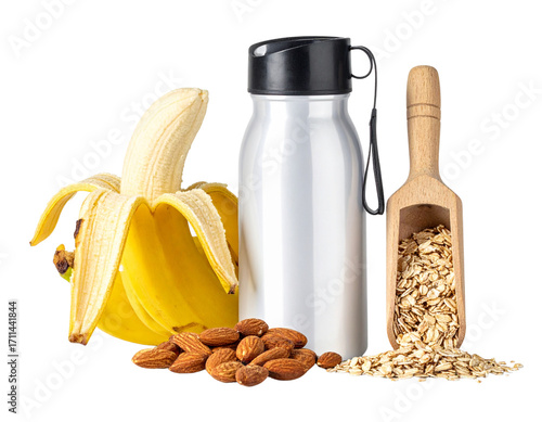  Dynamic Fitness-Themed Pre-Workout Snack Set with Banana, Almonds, Oats, and Water Bottle, Side View Cutout