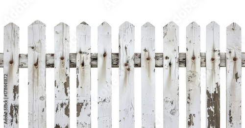 A weathered white picket fence with peeling paint, symbolizing rustic charm and nostalgia.