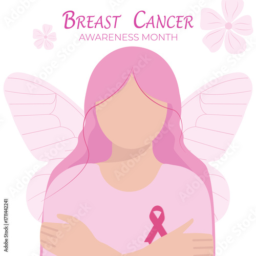Girl, woman, cartoon fairy princess, with pink ribbon for breast cancer awareness month campaign. Support, solidarity concept. Vector illustration.