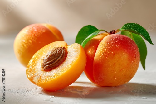 Fresh juicy peaches with dew drops and green leaves on a light background