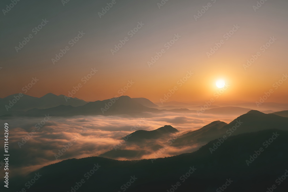Fototapeta premium View of a mountain range with a sun setting