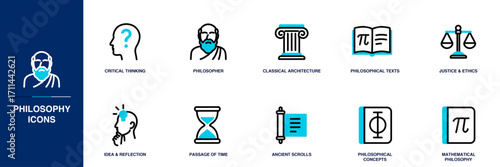 Philosophy Blue Colored Outline Icon Set