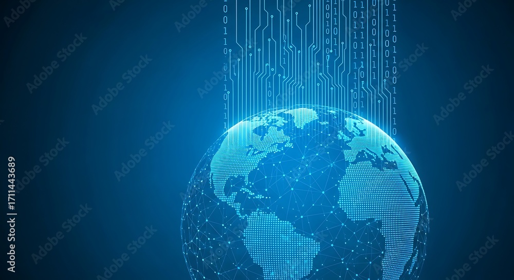 Obraz premium Digital world globe connected to binary code streams representing global network technology and international data transfer on a modern blue background