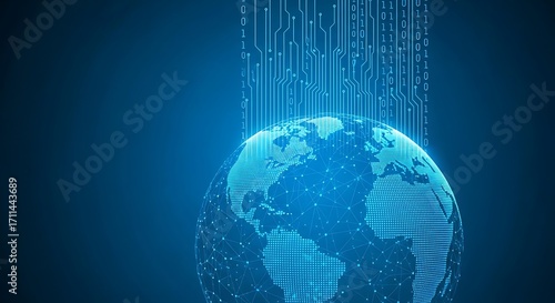 Digital world globe connected to binary code streams representing global network technology and international data transfer on a modern blue background