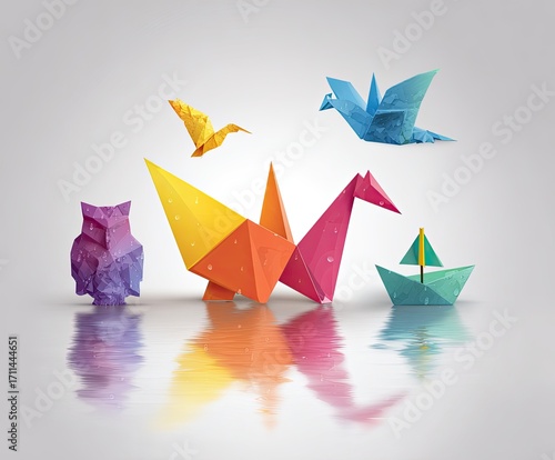 Colorful origami birds, owl, and boat reflected on water