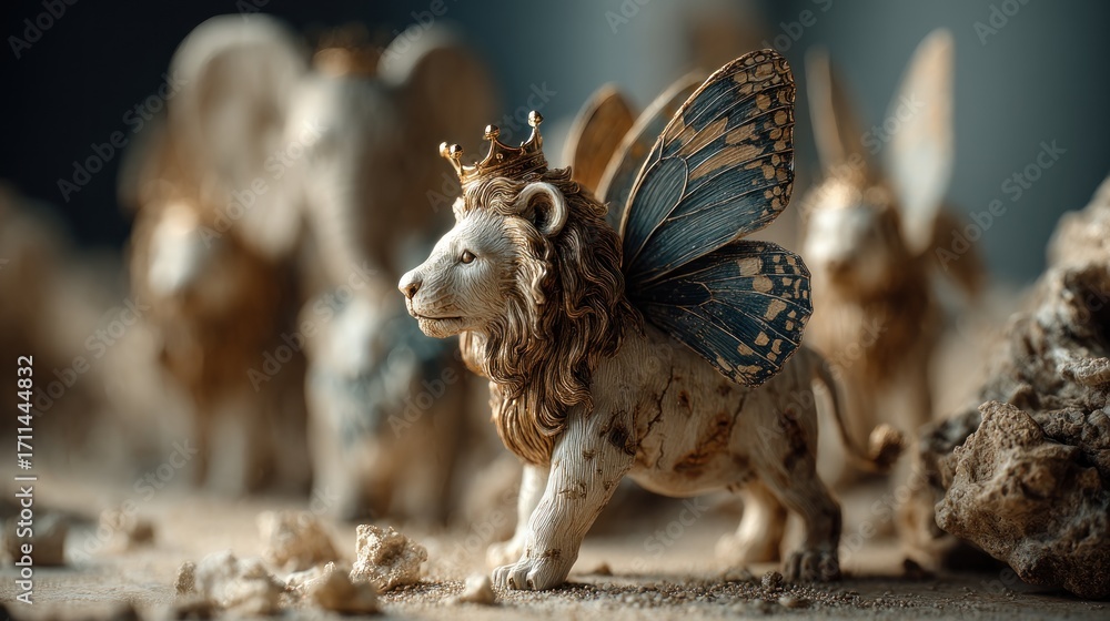 Fototapeta premium Surreal Lion with Butterfly Wings and Crown in Desert Dreamscape Setting