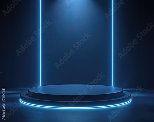 Dark room with round, dark podium illuminated by blue neon lines