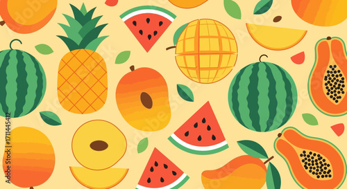 A colorful and vibrant pattern of tropical summer fruits including watermelon, pineapple, mango, and papaya.