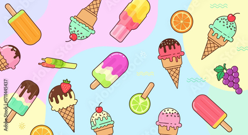 A colorful and vibrant illustration featuring various types of ice cream and popsicles scattered across a pastel background.