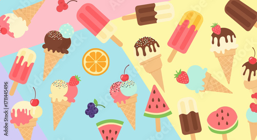 Colorful ice cream cones and popsicles on pastel background.