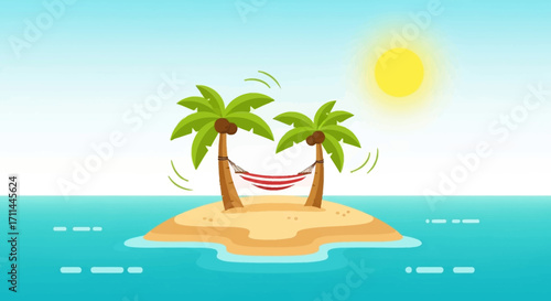 A serene cartoon illustration of a small tropical island with two palm trees and a hammock.