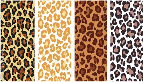 Four vertical panels of leopard print patterns in varying color schemes