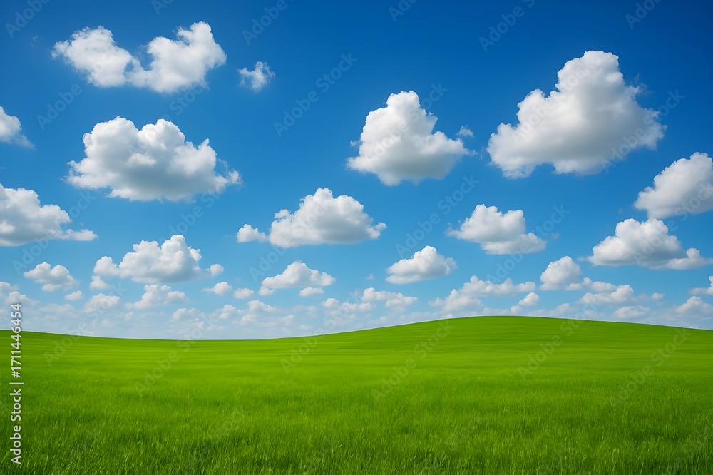 Obraz premium Rolling green hill with a vibrant blue sky and fluffy white clouds, a perfect natural landscape scene.