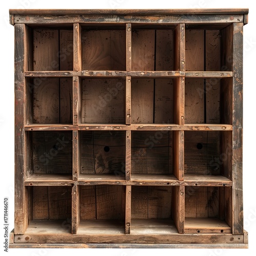 A vintage wooden display case with multiple compartments for organization or storage.