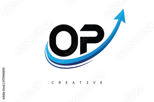 OP Letter Logo with Dynamic Arrow Swoosh – Modern Business Branding, Growth, Progress & Innovation Symbol