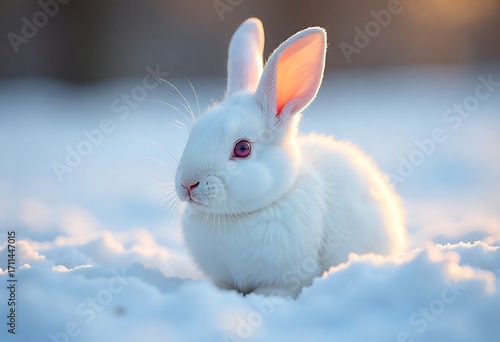 A white albino rabbit with pink eyes nestled in a snowy field during a cold winter day, HD 8K wallpaper, Stock Photographic Image