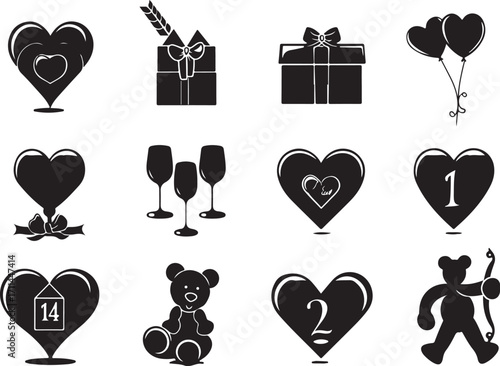 Valentine's Day icons hearts gifts teddy bear cupid celebration
