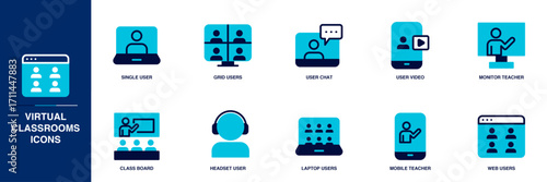 Virtual Classrooms Blue Colored Outline Icon Set