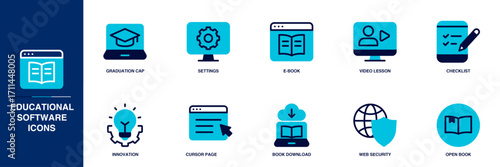 Educational Software Blue Colored Outline Icon Set