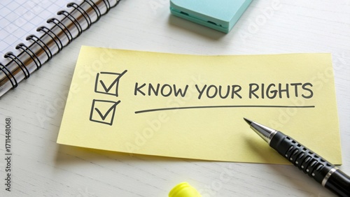 Yellow sticky note reminder with text Know Your Rights next to stationery items representing legal advice and awareness themes
