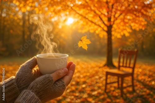 Enjoy a warm autumn day with a steaming cup of coffee and the beauty of colorful fall foliage