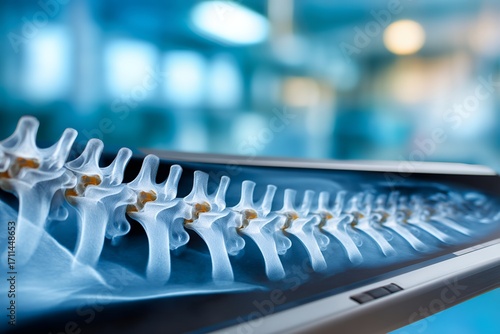 Detailed x-ray image of human spine on digital screen in medical setting