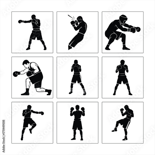 Nine Different Boxing Stances Black And White Silhouettes Professional Fighters Ready For A Fight