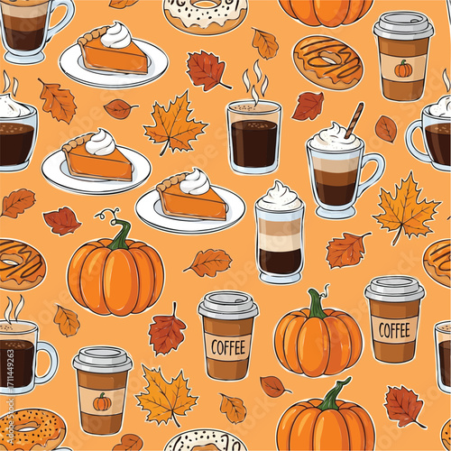 Fall Themed Seamless Pattern: Pumpkins, Coffee, Pumpkin Pie, Donuts, and Autumn Leaves on Orange Background - Vector Illustration