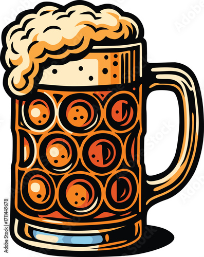 Foamy beer mug filled with golden drink, perfect for pub, bar, Oktoberfest, celebration, and party themes. Editable EPS file ideal for beverage branding, poster, or retro pub decoration.