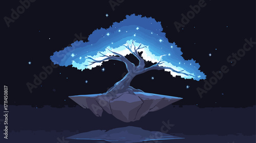Magical illuminated tree on cliff
