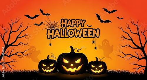 Spooky halloween night scene with glowing pumpkins bats spiderwebs and ghosts creating a festive and eerie atmosphere for holiday celebrations and decorations