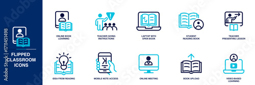 Flipped Classroom Blue Colored Outline Icon Set