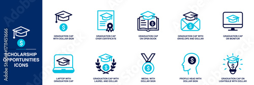Scholarship Opportunities Blue Colored Outline Icon Set