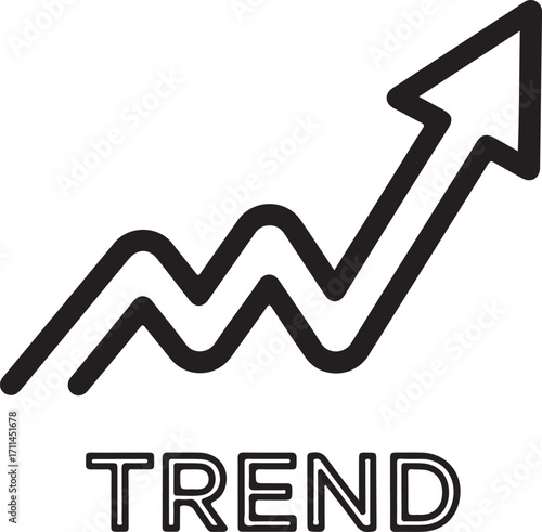 Black line drawing of a rising trend graph with arrow and text TREND chart