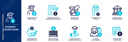 Student Loans Blue Colored Outline Icon Set