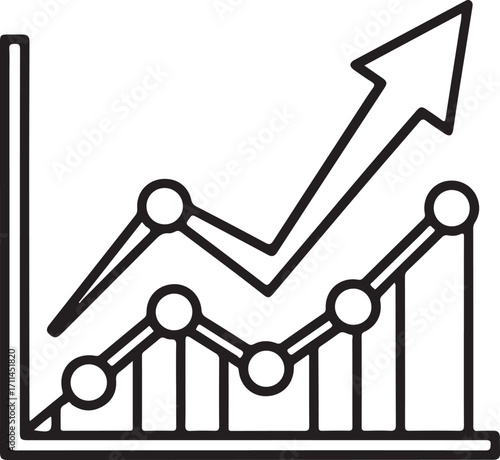 Black line icon of a bar chart with a rising arrow and data points graph growth