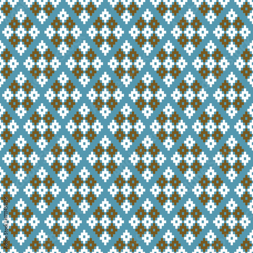 ​A pixelated digital pattern of brown and white diamonds arranged in a grid on a light blue background.