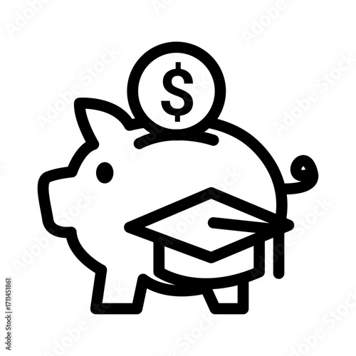 Piggy Bank with Graduation Cap Line Icon of Student Loans Icon Set