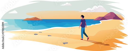 A man walks along the beach, holding a rock in his hand, with waves gently lapping at the shore.