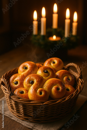 Swedish Lussekatter Saffron Buns in Wicker Basket