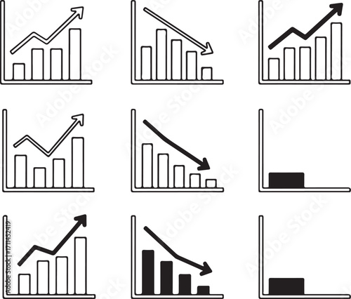 Collection of hand drawn business bar charts with upward and downward trends graph finance